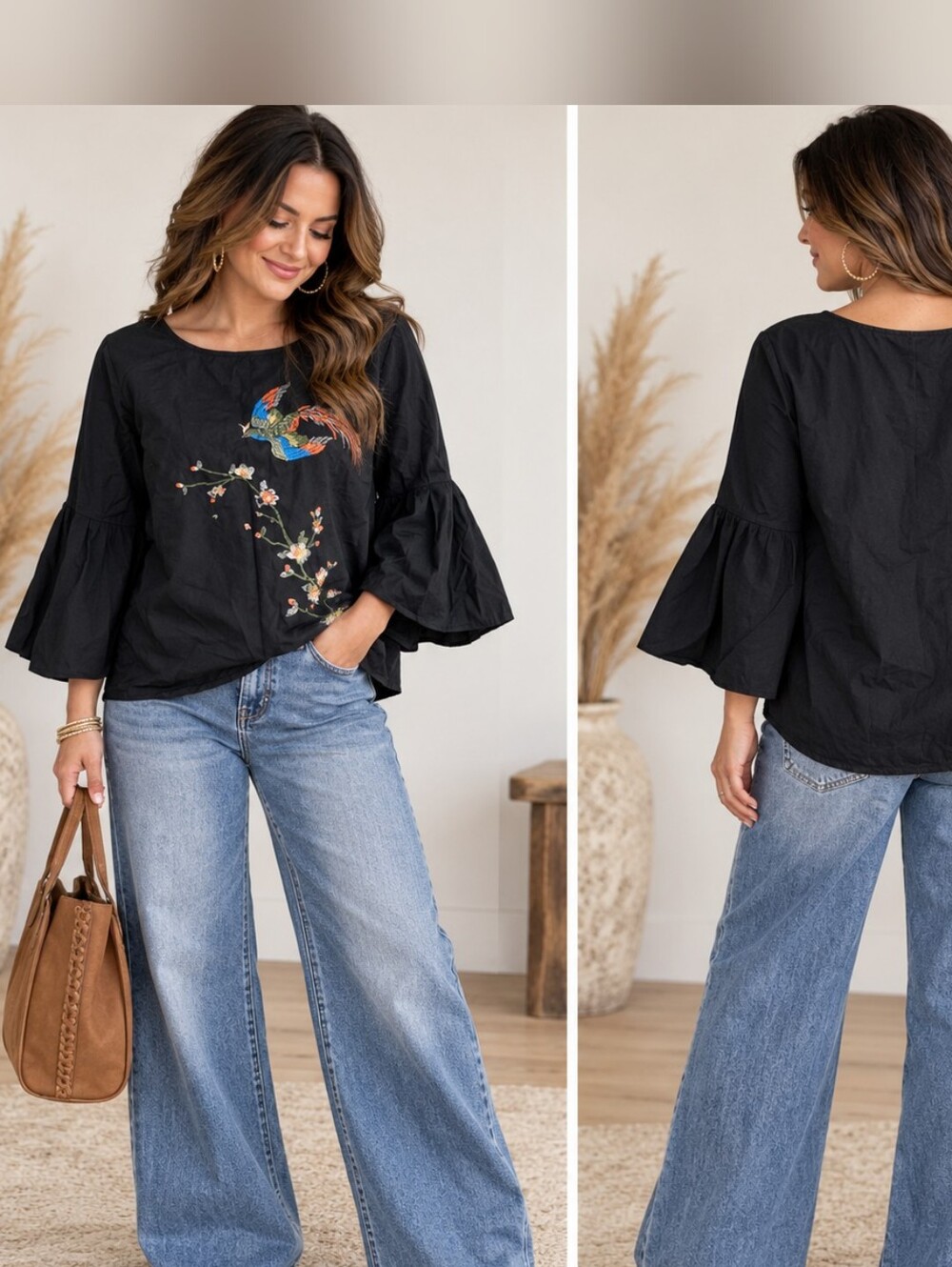 Jealous Tomato black Blouse Bird Floral Embroidery bell sleeves sz LARGE